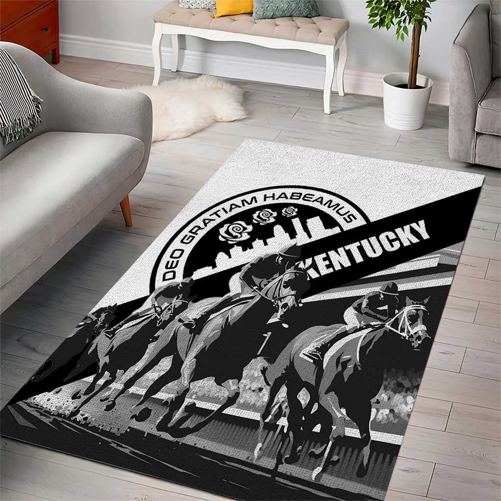 White area rug featuring black Kentucky horse rider print and curved logo
