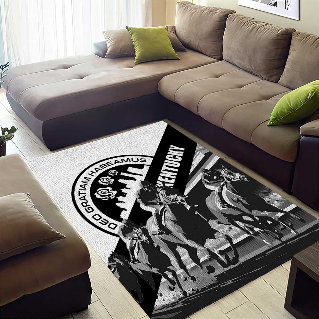 White area rug with bold black Kentucky horsemen illustration and logo text