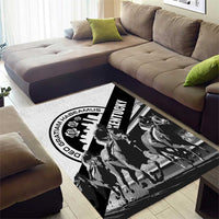 White area rug with bold black Kentucky horsemen illustration and logo text