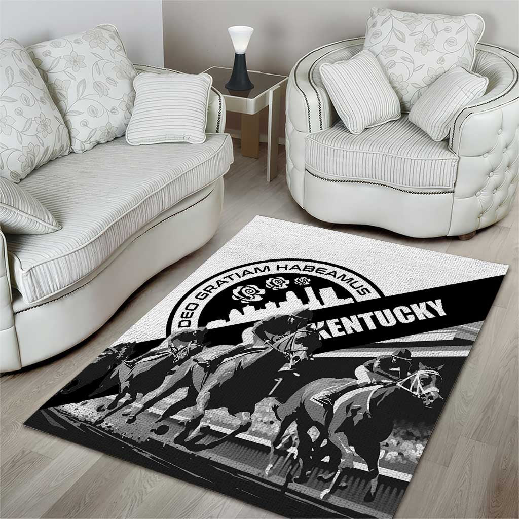 White area rug with black Kentucky horse rider silhouette and striped logo
