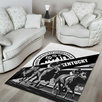 White area rug with black Kentucky horse rider silhouette and striped logo