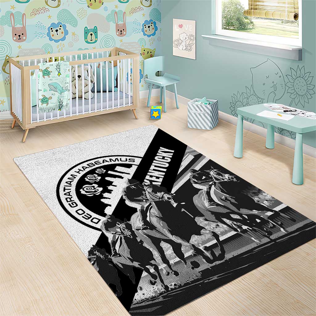 White area rug with black Kentucky horse and rider graphic in playroom setting