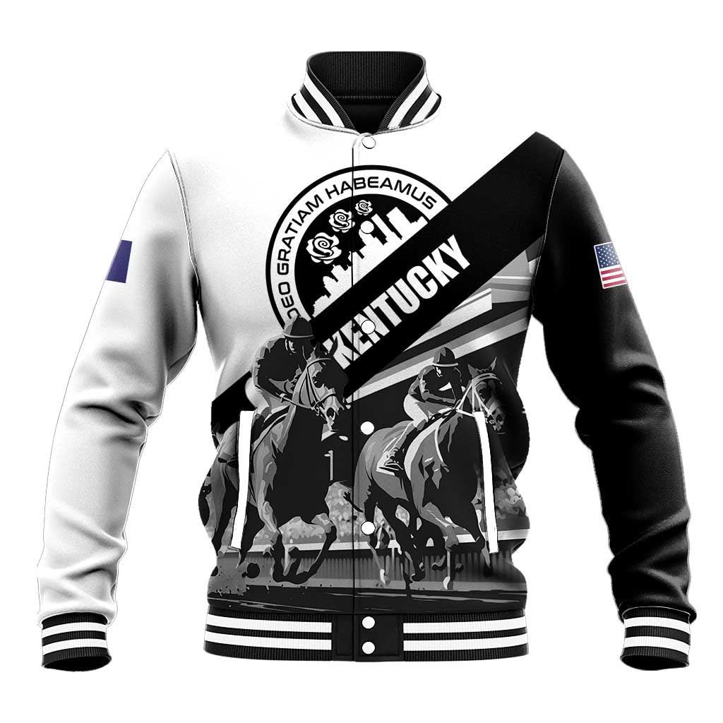 White and black baseball varsity jacket with striped ribbed collar and large graphic front