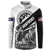 White/black button sweatshirt with horse graphic, diagonal banner, Kentucky lettering