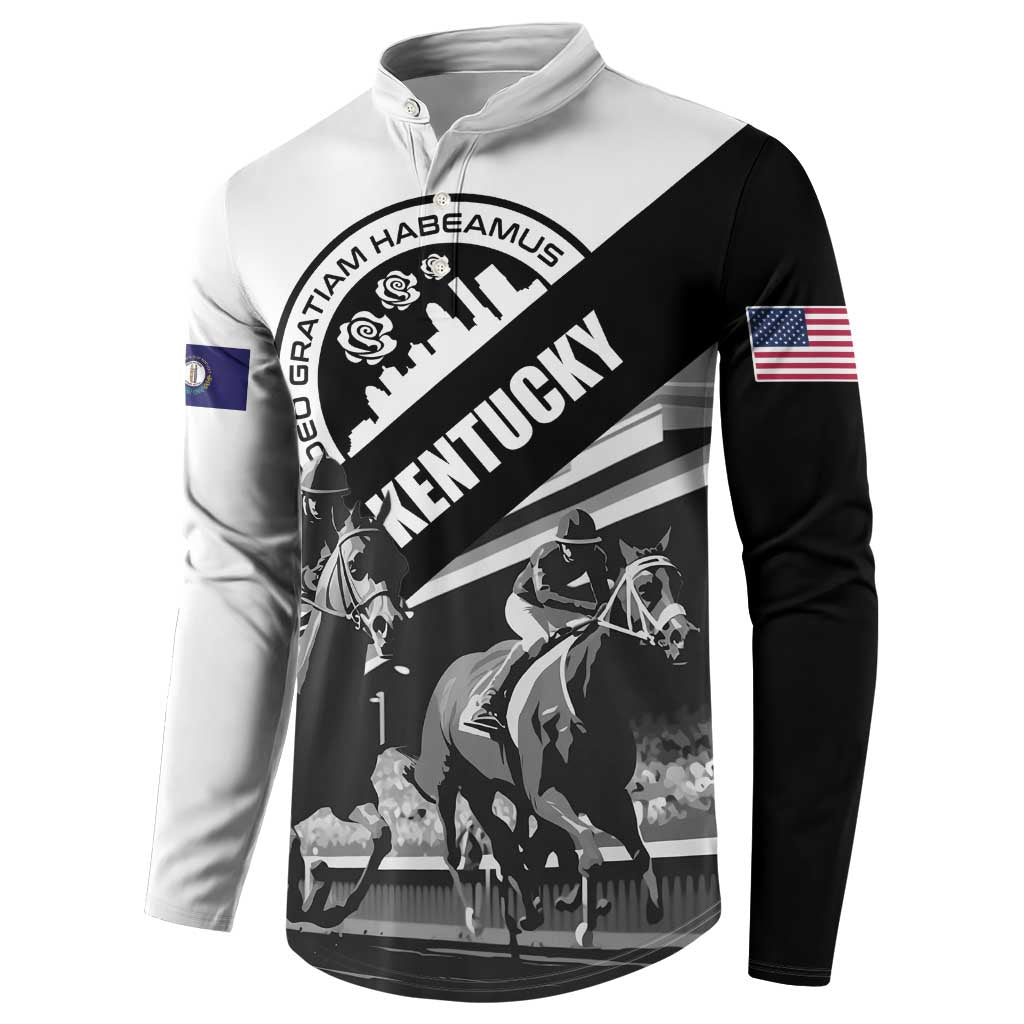 White/black button sweatshirt, diagonal banner, horse graphic, flag patches on sleeves