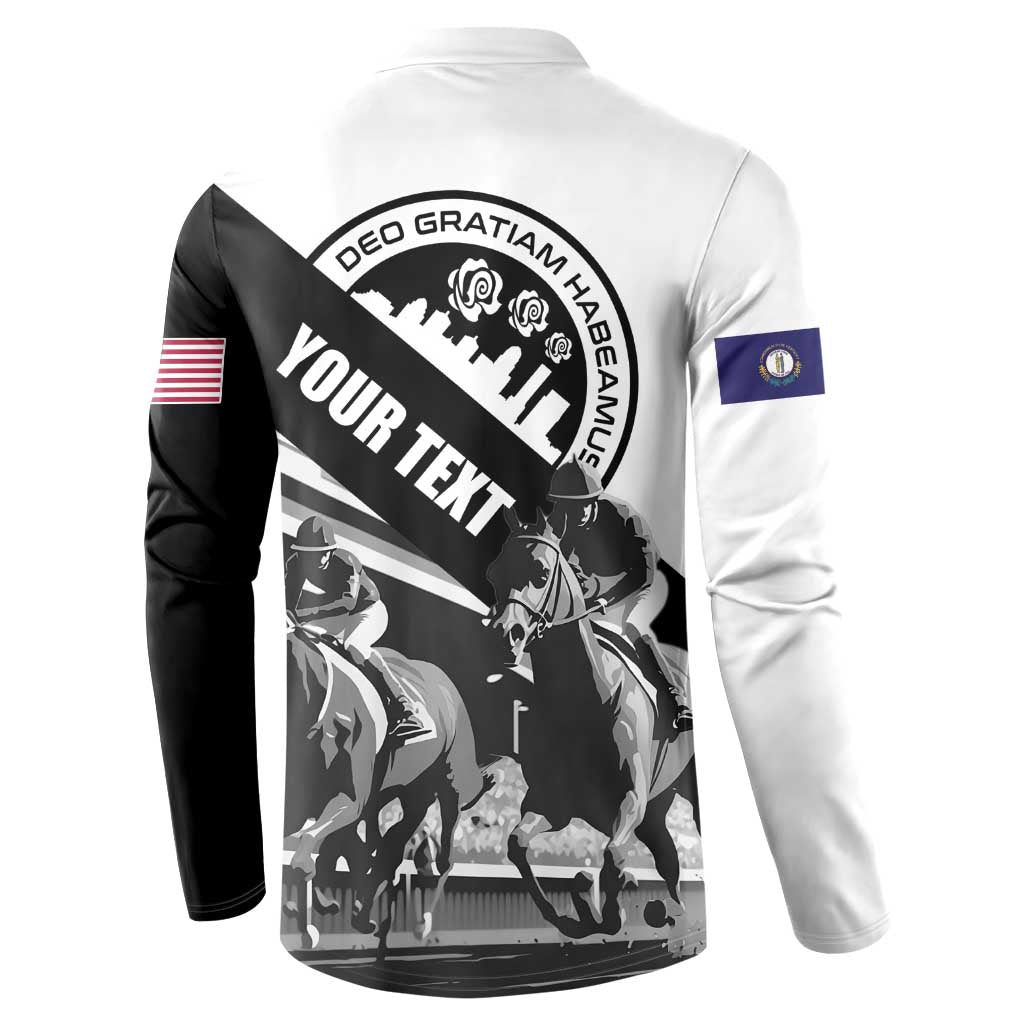 White/black button sweatshirt, back graphic with 'YOUR TEXT', horse scene and flags