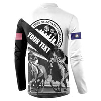 White/black button sweatshirt, back graphic with 'YOUR TEXT', horse scene and flags