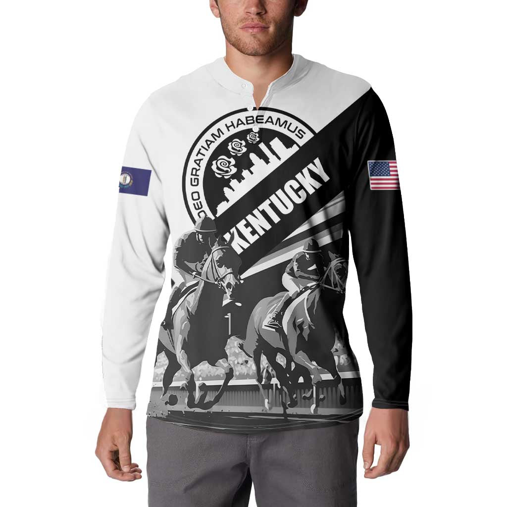 White and black button sweatshirt on model, diagonal Kentucky horse graphic and sleeve flags