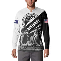 White and black button sweatshirt on model, diagonal Kentucky horse graphic and sleeve flags