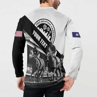 White and black button sweatshirt back view, diagonal 'YOUR TEXT' graphic, flag patches