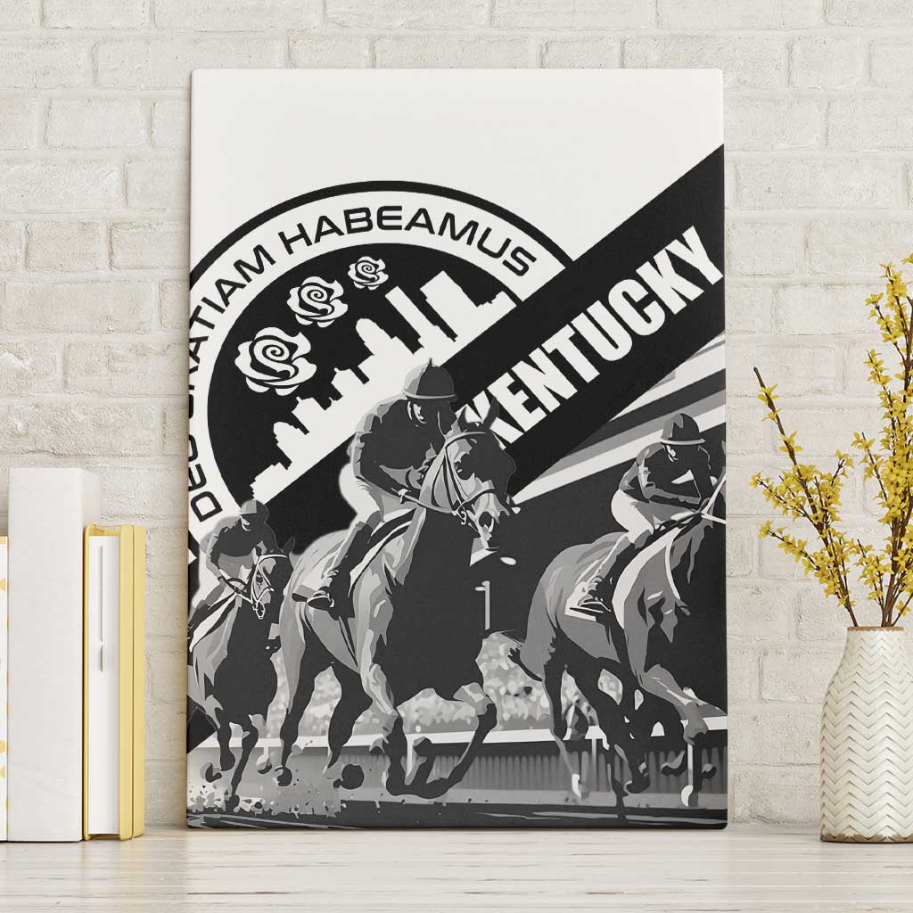 Framed canvas wall art featuring black-and-white horse riders and diagonal "KENTUCKY" banner