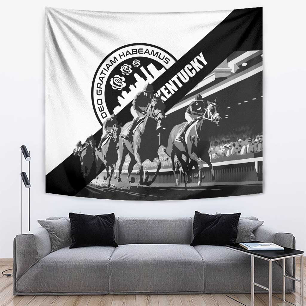 Black-and-white horse racing wall tapestry with diagonal Kentucky text and riders