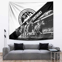 Black-and-white horse racing wall tapestry with diagonal Kentucky text and riders