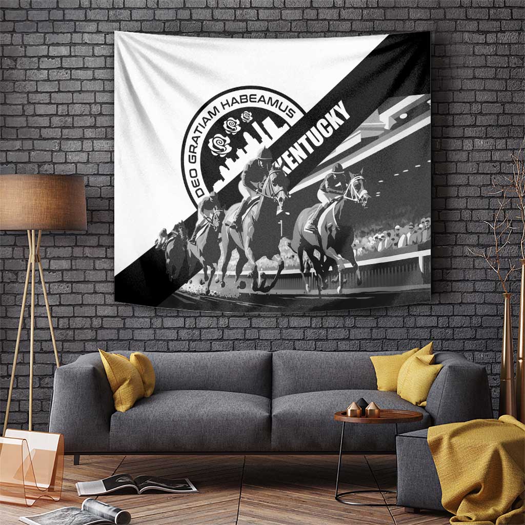 Horse racing wall tapestry in black and white with diagonal Kentucky lettering