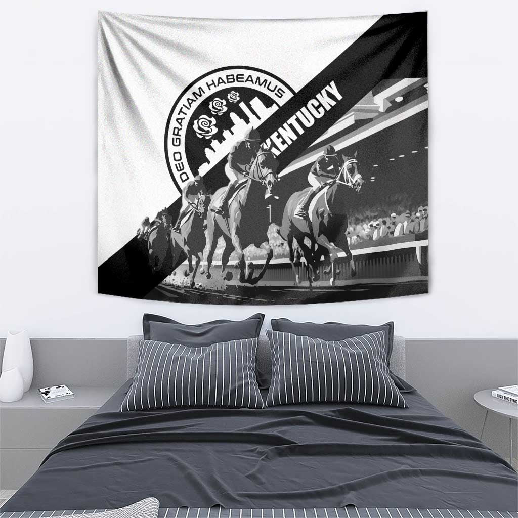 Black-and-white horse racing tapestry with diagonal Kentucky title
