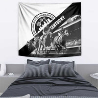 Black-and-white horse racing tapestry with diagonal Kentucky title