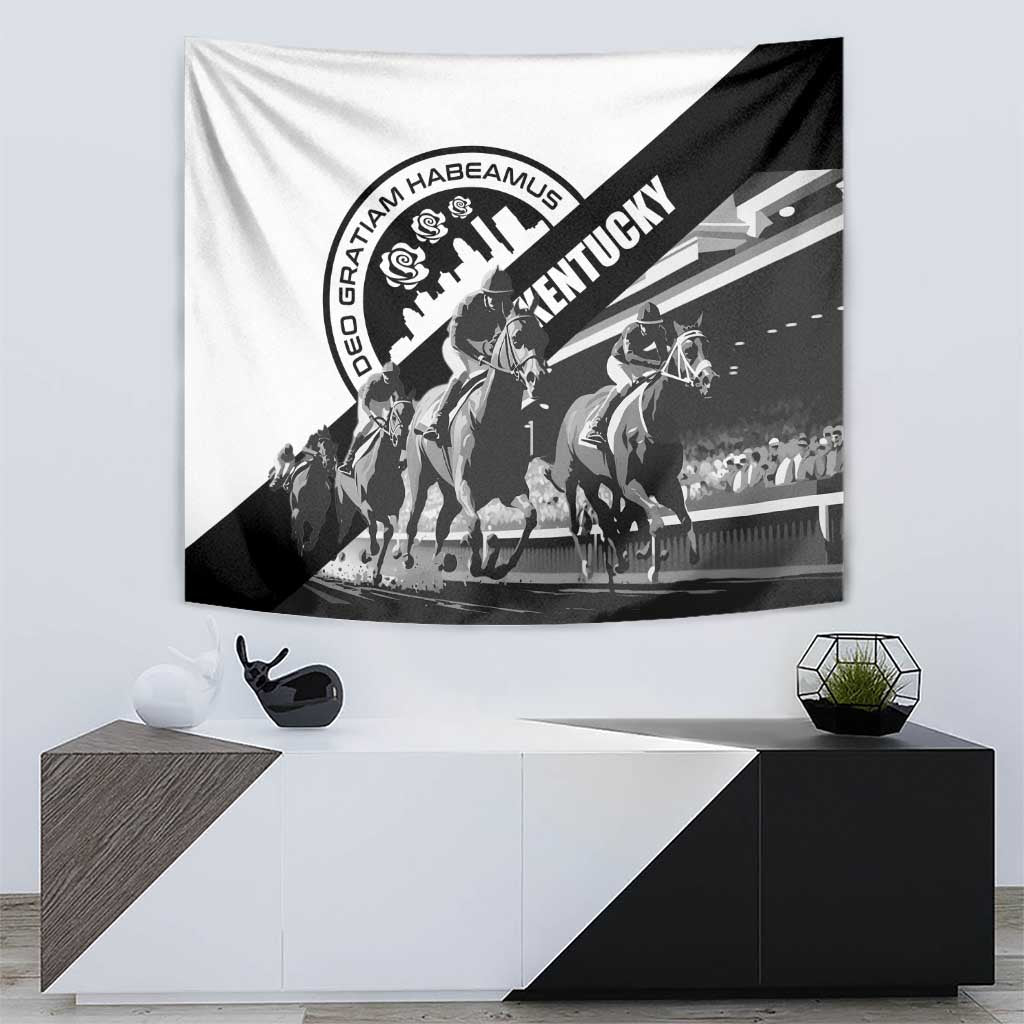 Black-and-white horse racing wall tapestry with diagonal Kentucky text and riders