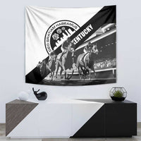 Black-and-white horse racing wall tapestry with diagonal Kentucky text and riders