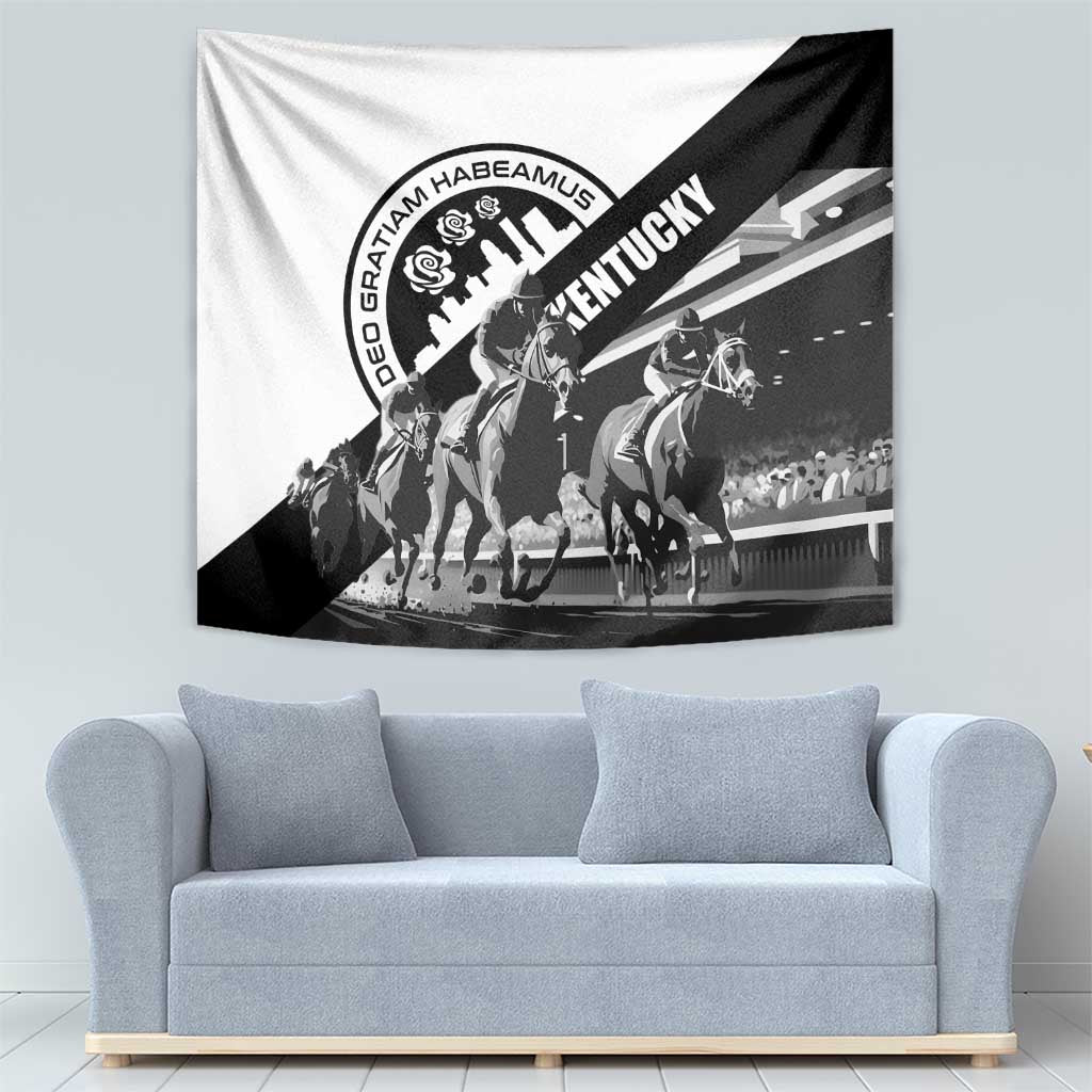 Black-and-white horse racing tapestry with diagonal Kentucky title