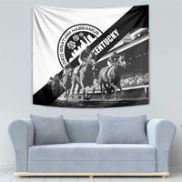 Black-and-white horse racing tapestry with diagonal Kentucky title