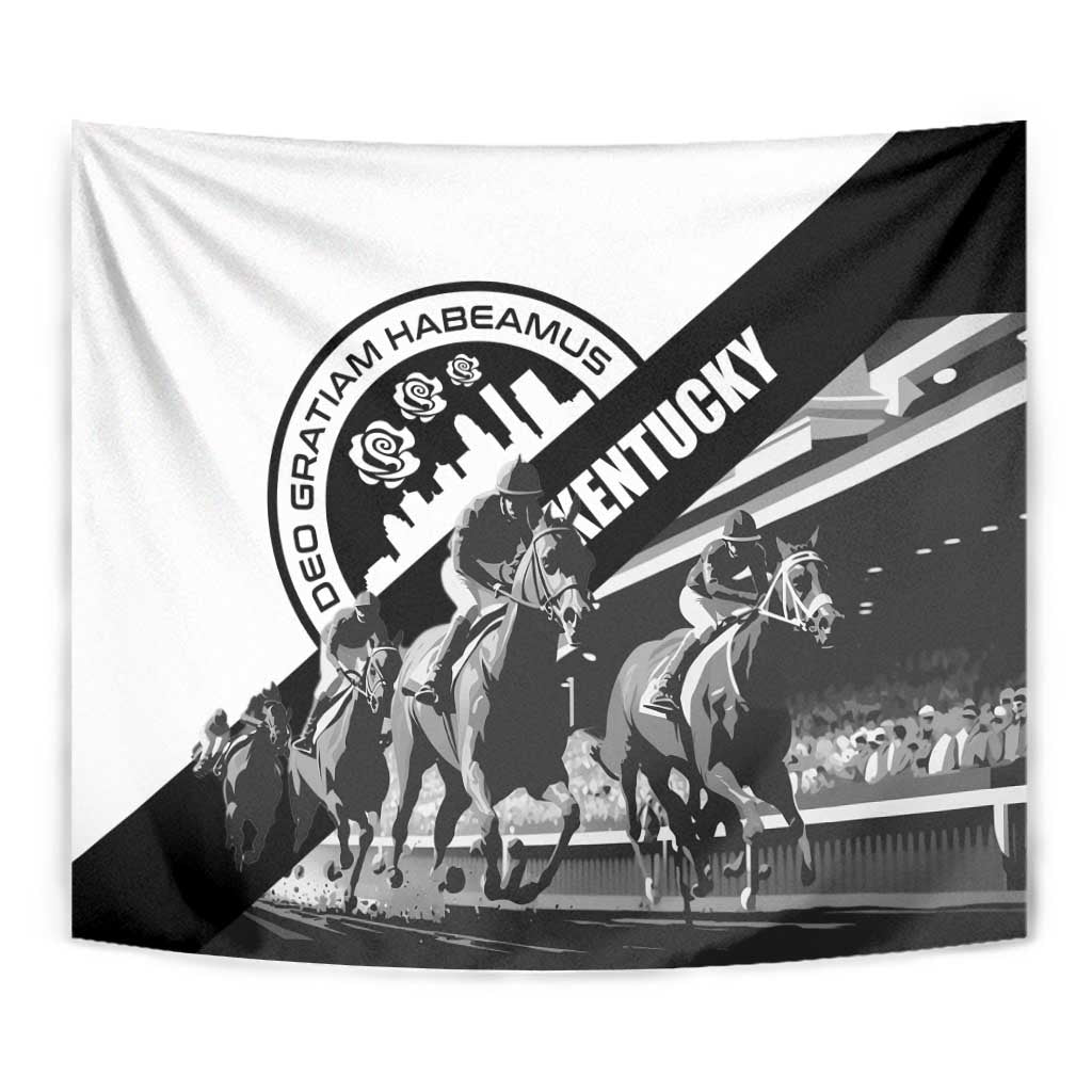 Close-up of black-and-white horse racing tapestry with diagonal Kentucky lettering