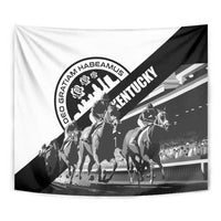 Close-up of black-and-white horse racing tapestry with diagonal Kentucky lettering