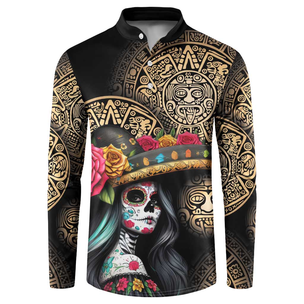 Black button-collar sweatshirt with gold Aztec patterns and colorful skull portrait graphic.