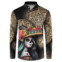 Black button-collar sweatshirt with gold Aztec patterns and colorful skull portrait graphic.