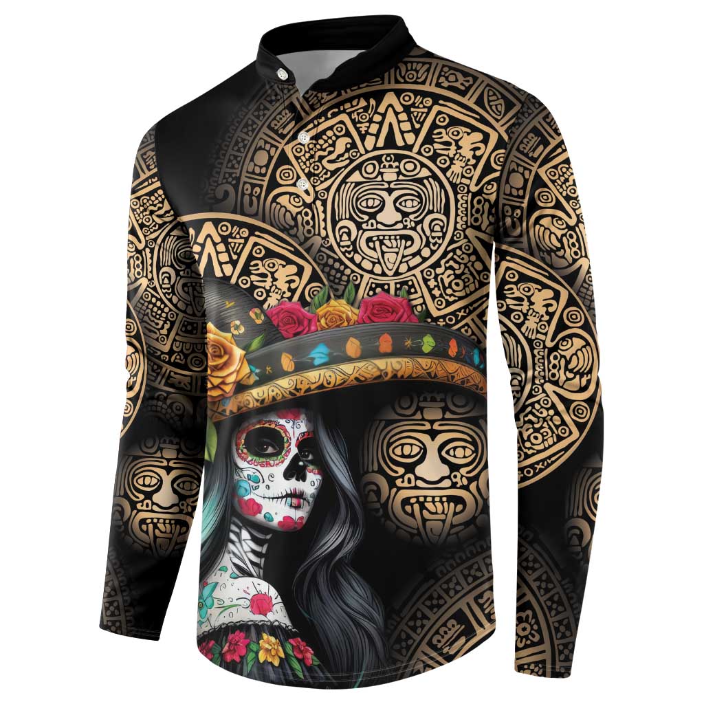 Black long-sleeve sweatshirt with gold Aztec designs and central colorful Dia de Muertos print.