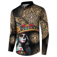 Black long-sleeve sweatshirt with gold Aztec designs and central colorful Dia de Muertos print.
