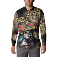 Black crew sweatshirt with button collar; gold Aztec pattern and colorful skull woman front print.
