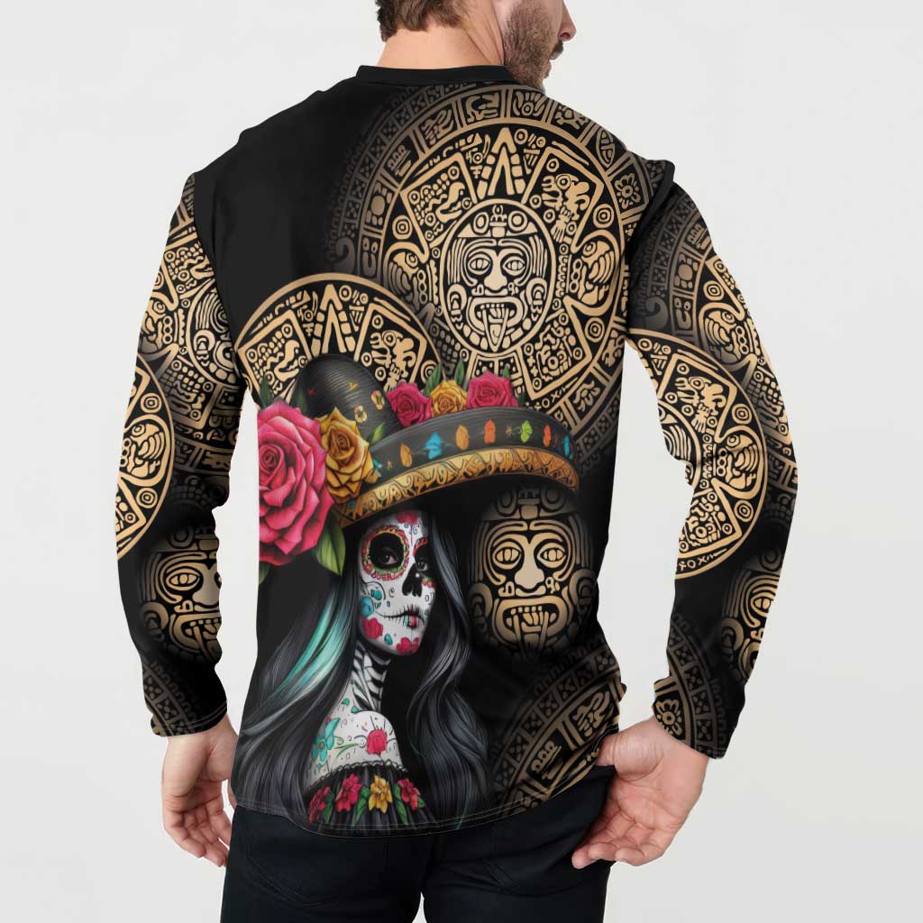 Black sweatshirt back view with gold Aztec motif and large colorful skull portrait print.
