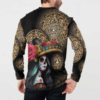 Black sweatshirt back view with gold Aztec motif and large colorful skull portrait print.