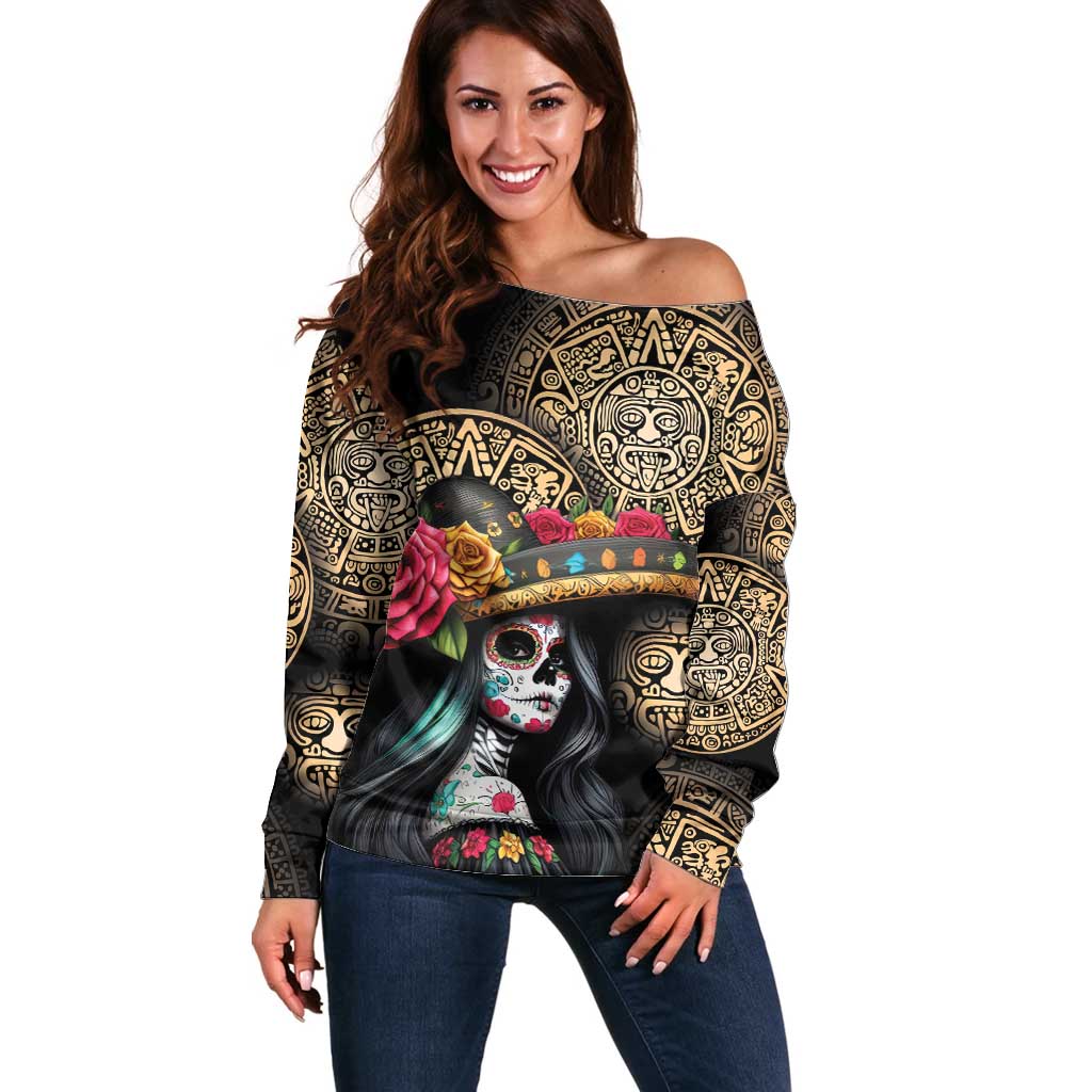 La Calavera Catrina Aztec Circle Off Shoulder Sweater Dia de Muertos - Wonder Print Shop