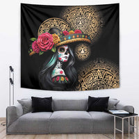 Black Dia de Muertos wall tapestry with Catrina skull, roses, and gold Aztec motifs