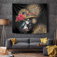 Black Dia de Muertos tapestry with Catrina profile and gold Aztec circle designs