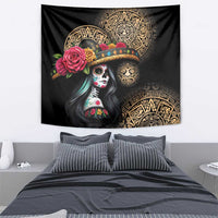 Black wall-hanging tapestry featuring Catrina skull woman with gold Aztec patterns