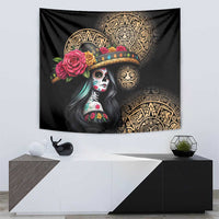 Black Catrina Dia de Muertos tapestry with rose bouquet and gold Aztec circle art