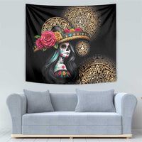 Black Dia de Muertos tapestry showing Catrina face with roses and gold Aztec circles