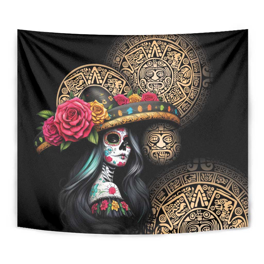 Black square tapestry with Catrina portrait, roses, and ornate gold Aztec emblems