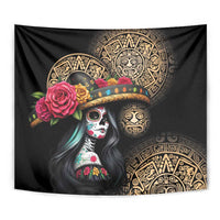 Black square tapestry with Catrina portrait, roses, and ornate gold Aztec emblems