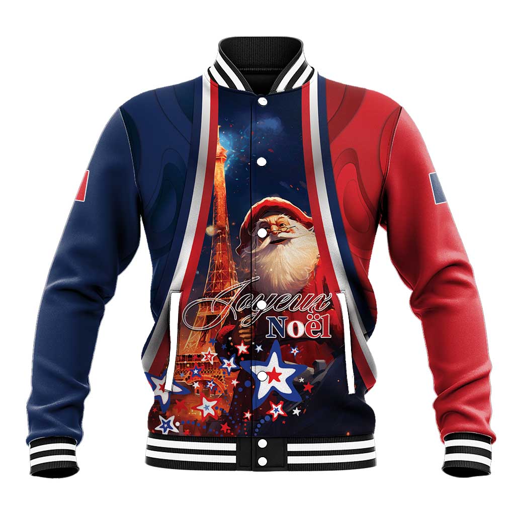 France Christmas baseball jacket with blue and red sleeves, Eiffel Tower and Santa print