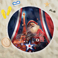 Round beach blanket with Santa, Eiffel Tower, and Joyeux Noël print