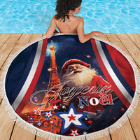 Round beach blanket with fringe edge, Santa and Eiffel Tower over navy and red striped center