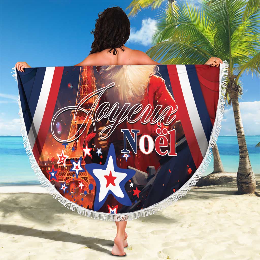 Round beach blanket with Joyeux Noel, Santa Claus, and Eiffel Tower print, fringe.