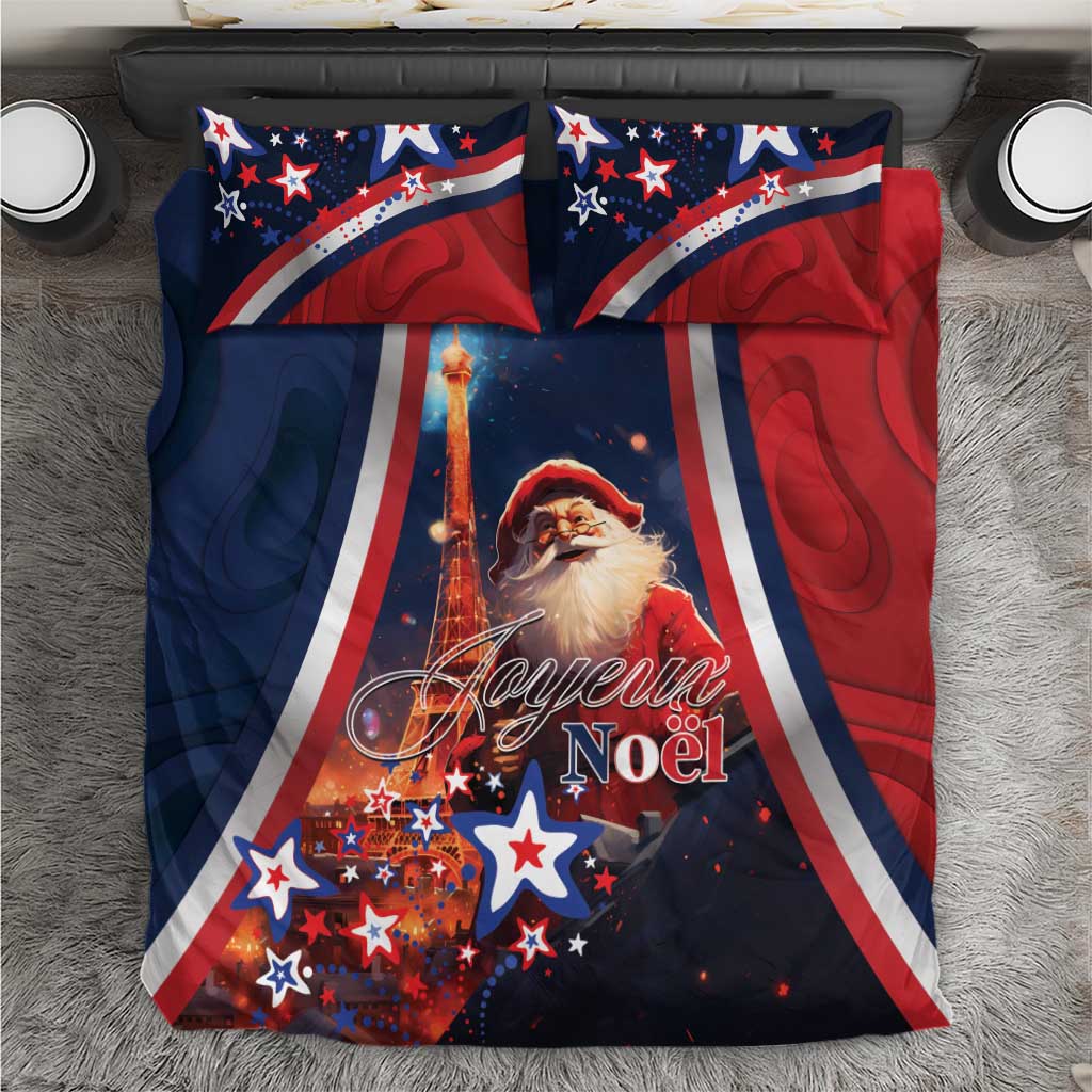 Blue and red Christmas duvet cover with Eiffel Tower, Santa, stars, Joyeux Noel text