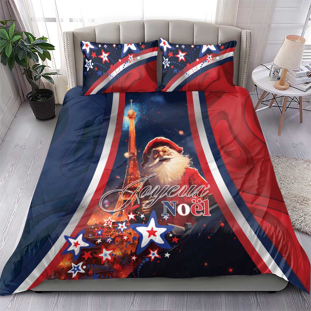 Christmas bedding set with blue and red duvet and pillowcases, Eiffel Tower, Santa, stars