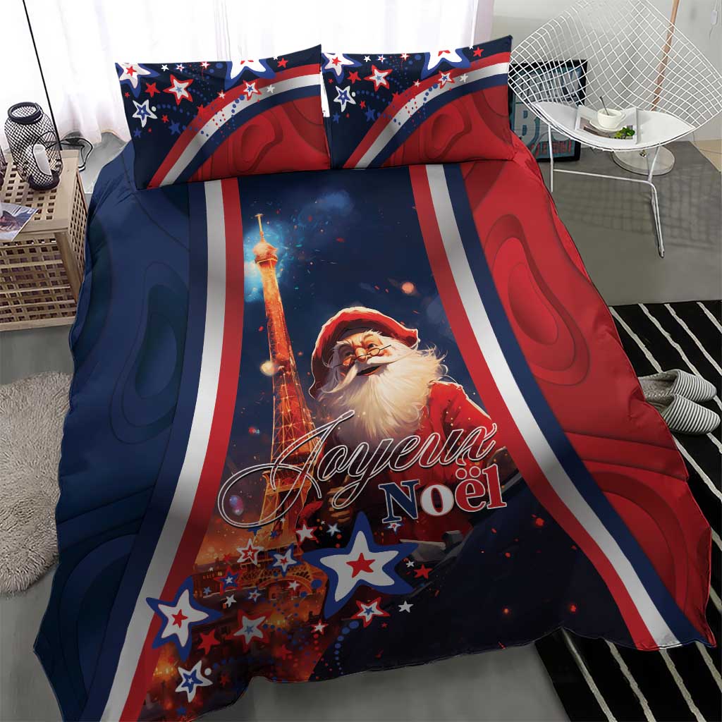 Blue and red Christmas duvet with Eiffel Tower, Santa portrait, stars, Joyeux Noel lettering