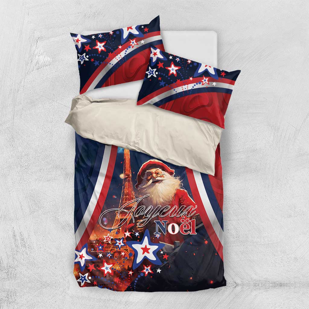 Blue and red Christmas bedding set with duvet and two pillowcases, Eiffel Tower and Santa