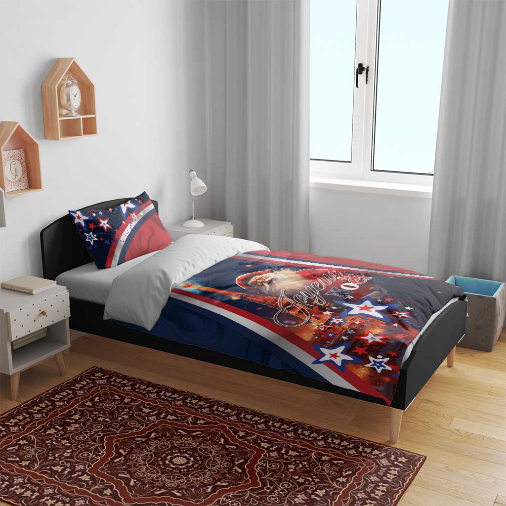 Blue and red Christmas duvet and pillow with Eiffel Tower, Santa, stars, Joyeux Noel